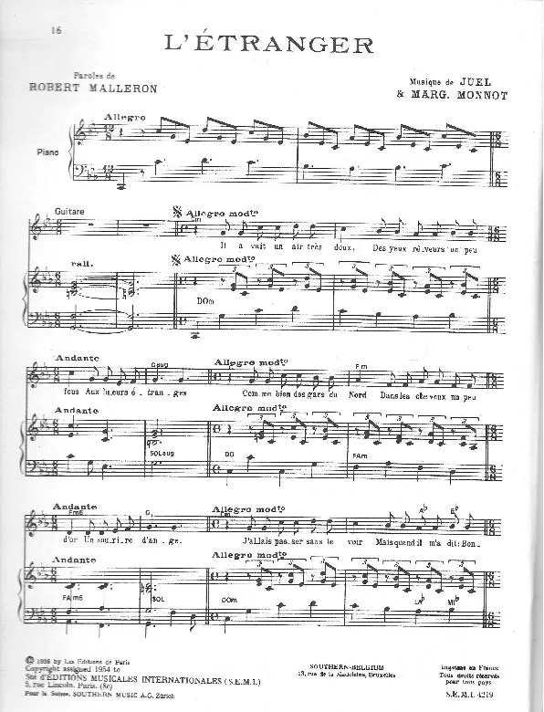 télécharger la partition d'accordéon L'étranger (Chant : Edith Piaf) au format PDF