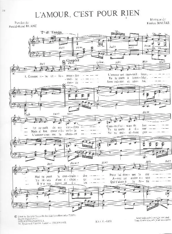 télécharger la partition d'accordéon L'Amour C'est pour rien (Tango Chanté) au format PDF