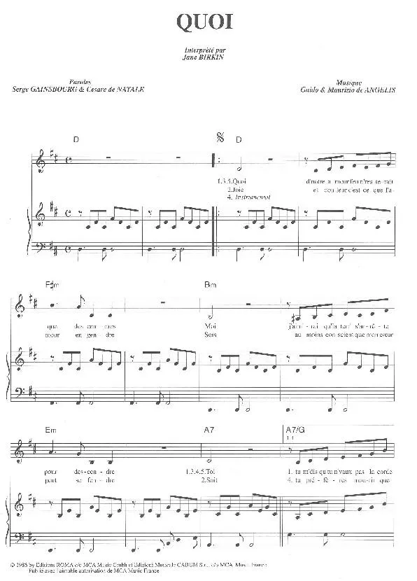 télécharger la partition d'accordéon Quoi (Chant : Jane Birkin) au format PDF