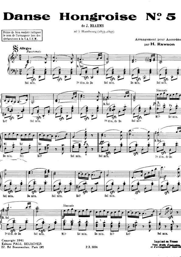 télécharger la partition d'accordéon Danse Hongroise n°5 (Arrangement Henri Rawson) au format PDF