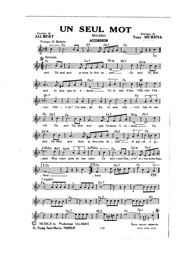 télécharger la partition d'accordéon Un seul mot (Orchestration) (Boléro) au format PDF