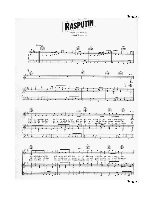 télécharger la partition d'accordéon Rasputin (Chant : Boney M) au format PDF