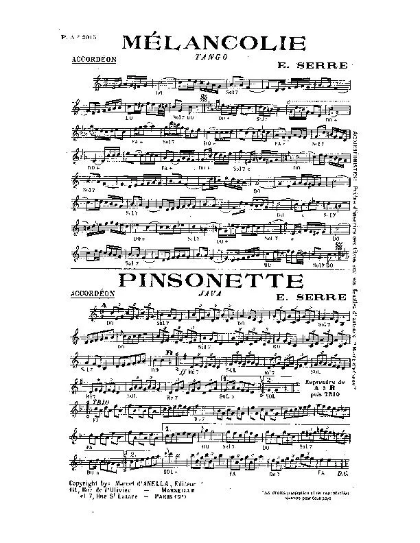 télécharger la partition d'accordéon Mélancolie + Pinsonette (Tango + Java) au format PDF