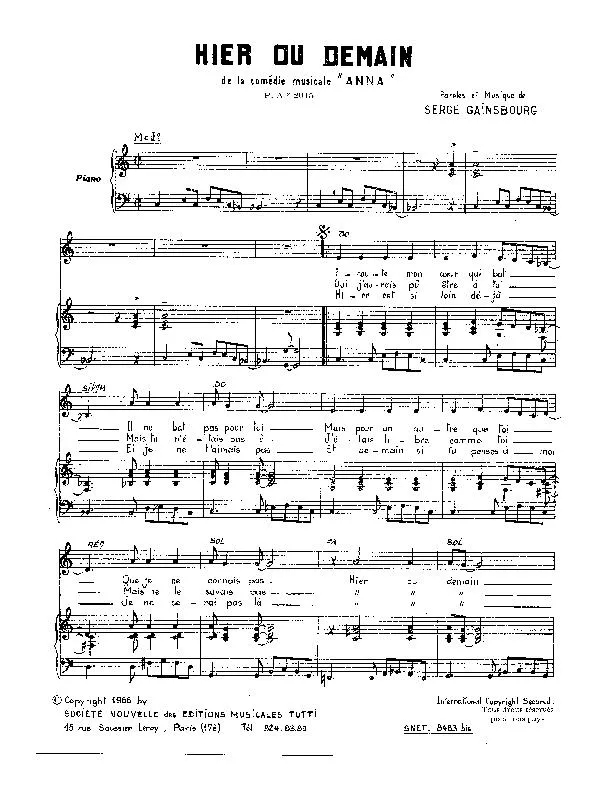 télécharger la partition d'accordéon Hier ou Demain (De la Comédie Musicale : Anna) au format PDF