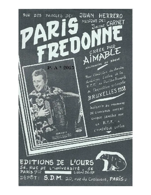 télécharger la partition d'accordéon Paris fredonne (Créée par : Aimable) (Valse Musette Chantée) au format PDF