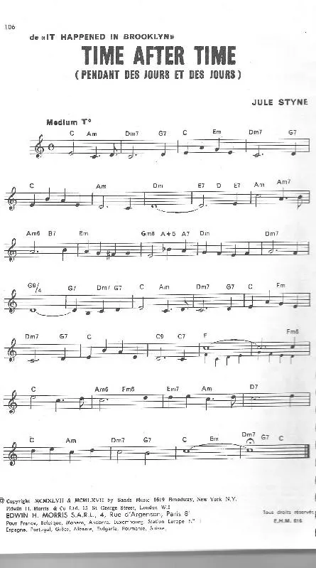 télécharger la partition d'accordéon Time after time (Pendant des jours et des jours) (De : It happened in Brooklyn) au format PDF