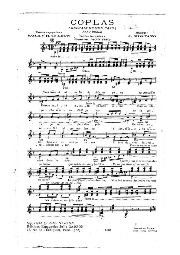 télécharger la partition d'accordéon Coplas (Refrain de mon pays) (Orchestration Complète) (Paso Doble) au format PDF