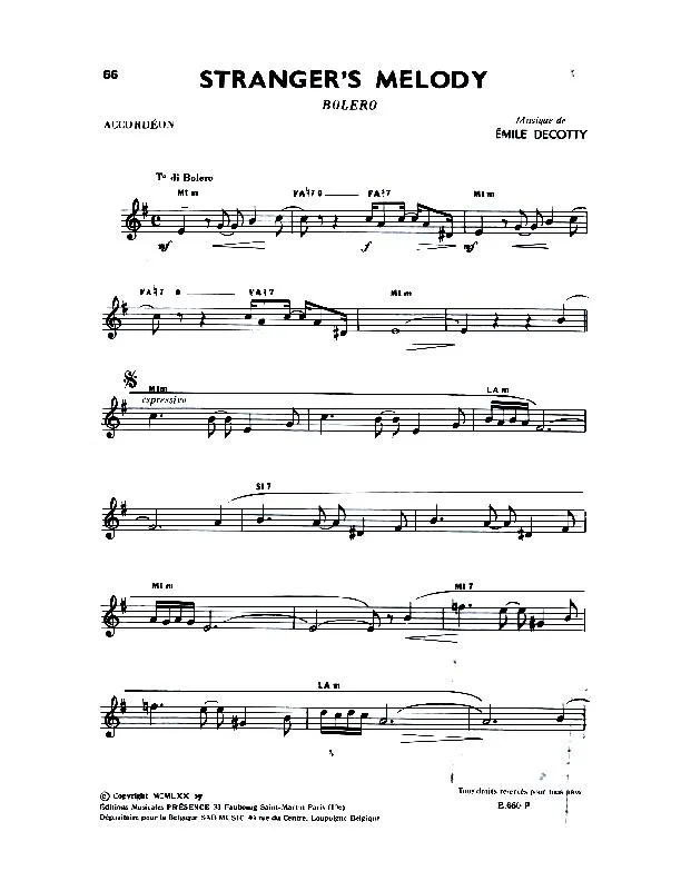 télécharger la partition d'accordéon Stranger's Melody (Boléro) au format PDF
