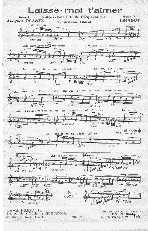 télécharger la partition d'accordéon Laisse moi t'aimer (Tango du film : Cité de l'espérance) au format PDF