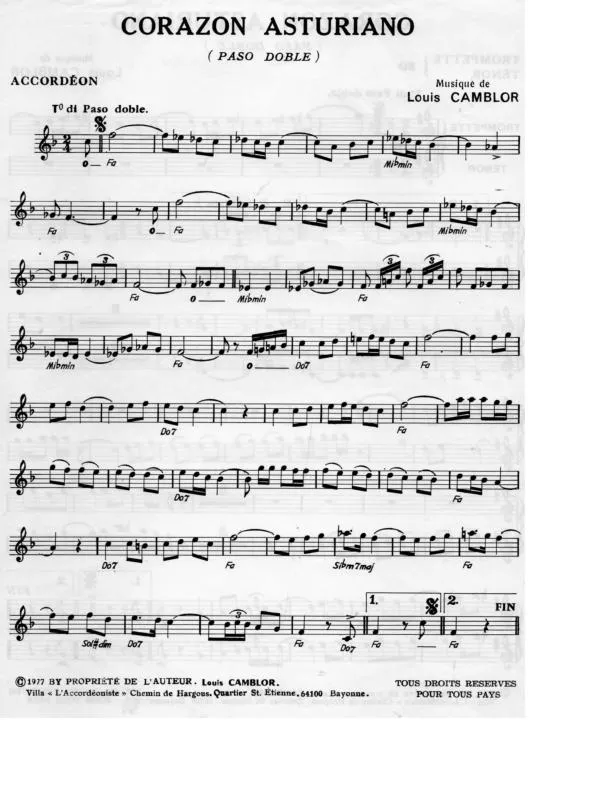 télécharger la partition d'accordéon Corazon Asturiano (Paso Doble) au format PDF