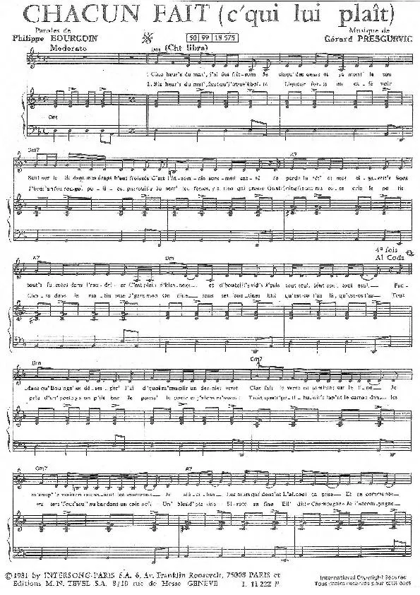 télécharger la partition d'accordéon Chacun fait (c'qui lui plait) (Chant : Chagrin d'amour) au format PDF