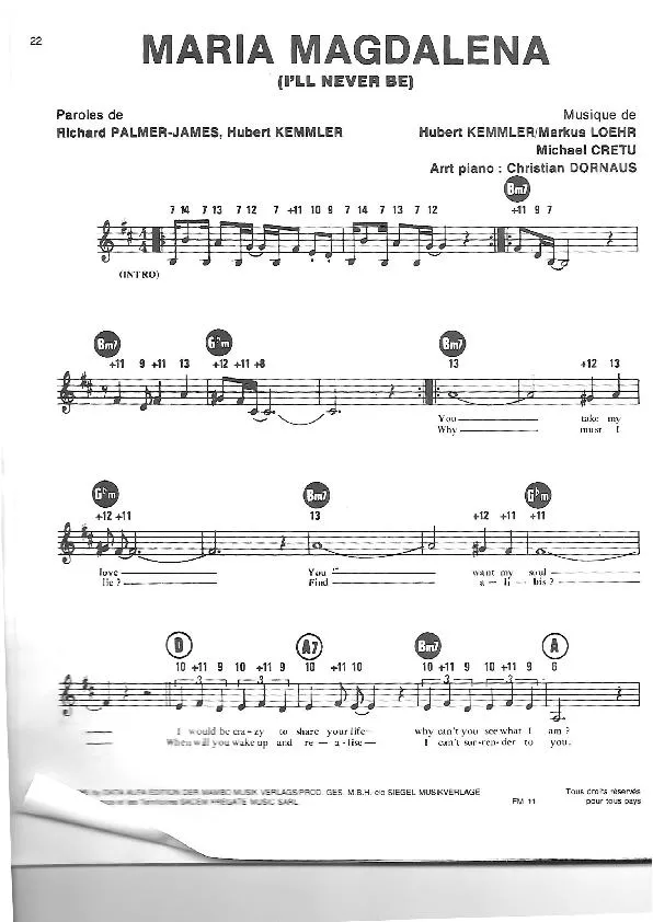 télécharger la partition d'accordéon Maria Magdalena (I'll never be) (Arrangement piano Christian Dornaus) au format PDF