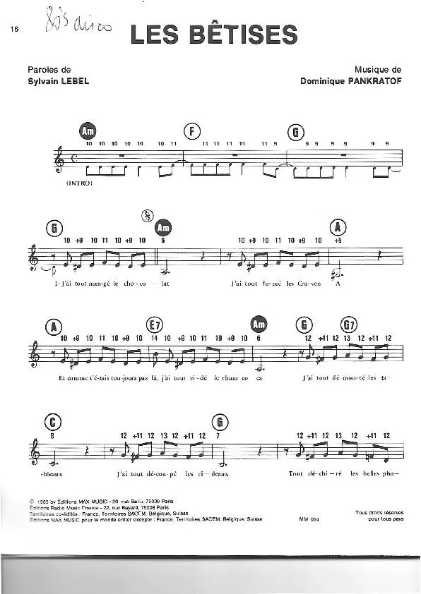 télécharger la partition d'accordéon Les bêtises (Chant : Sabine Paturel) au format PDF