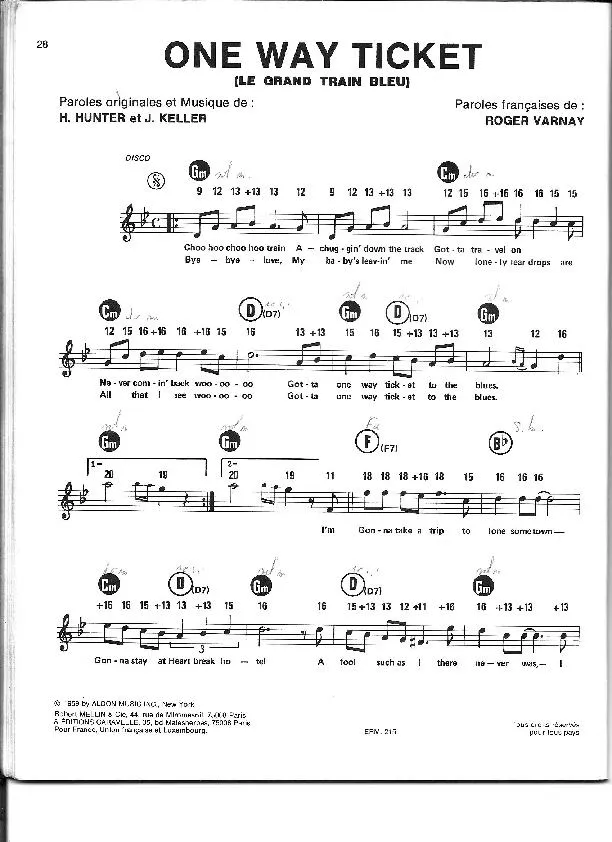 télécharger la partition d'accordéon One way ticket (Le grand train bleu) (Disco) au format PDF