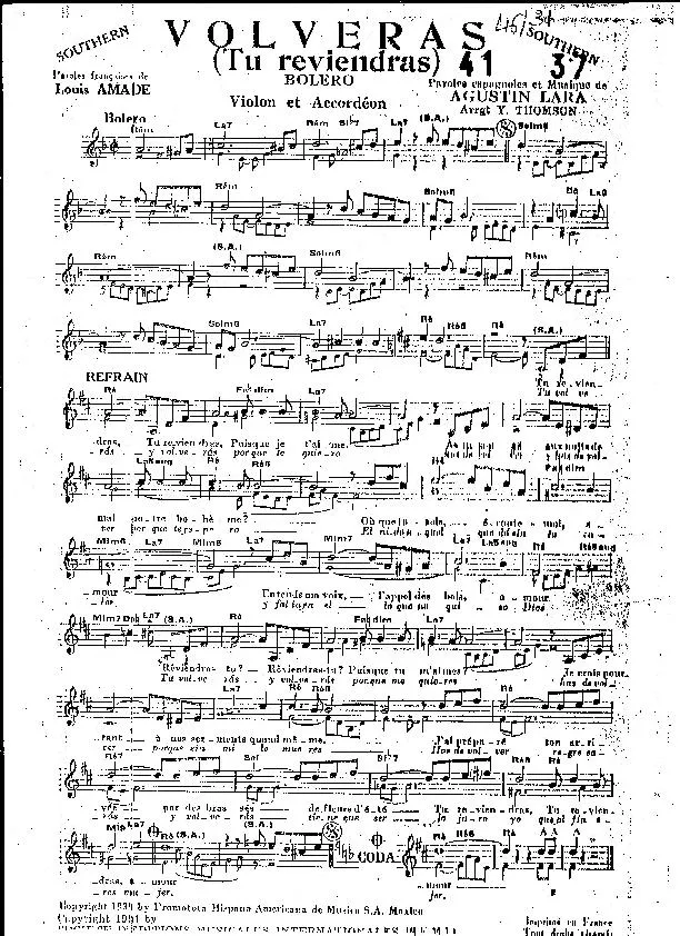 télécharger la partition d'accordéon Volveras (Tu reviendras) (Arrangement : Yvonne Thomson) (Boléro) au format PDF