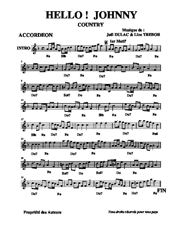 télécharger la partition d'accordéon Hello Johnny (Country) au format PDF