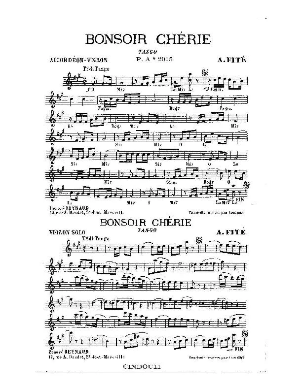 télécharger la partition d'accordéon Bonsoir Chérie (Tango) au format PDF