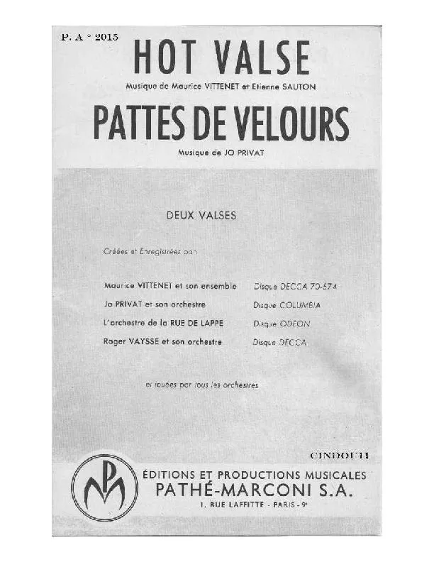 télécharger la partition d'accordéon Pattes de velours (Valse Musette) au format PDF