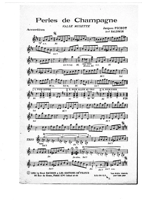 télécharger la partition d'accordéon Perles de champagne (Arrangement : Baldwin) (Valse Musette) au format PDF