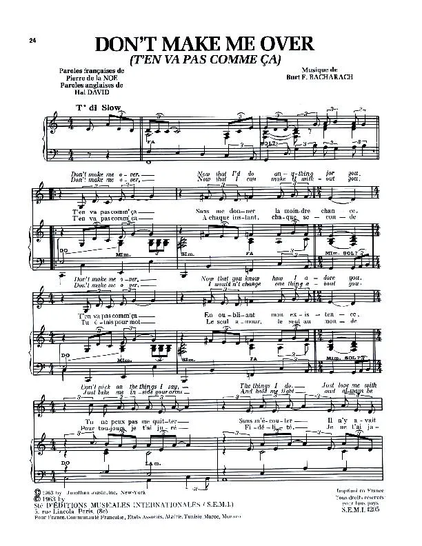 télécharger la partition d'accordéon Don't make me over (T'en va pas comme ça) (Slow) au format PDF