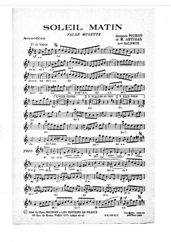 télécharger la partition d'accordéon Soleil Matin (Arrangement : Baldwin) (Valse Musette) au format PDF