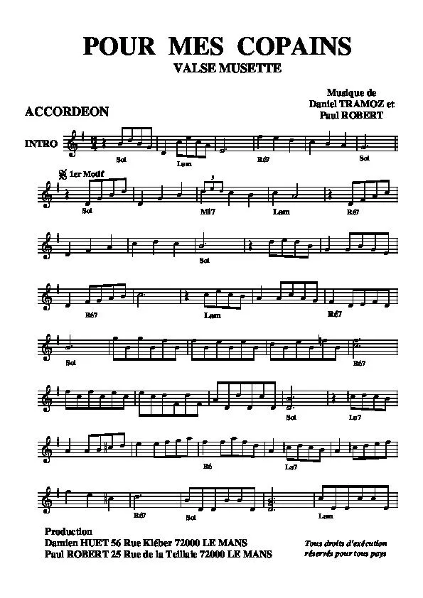 télécharger la partition d'accordéon Pour mes copains (Valse Musette) au format PDF