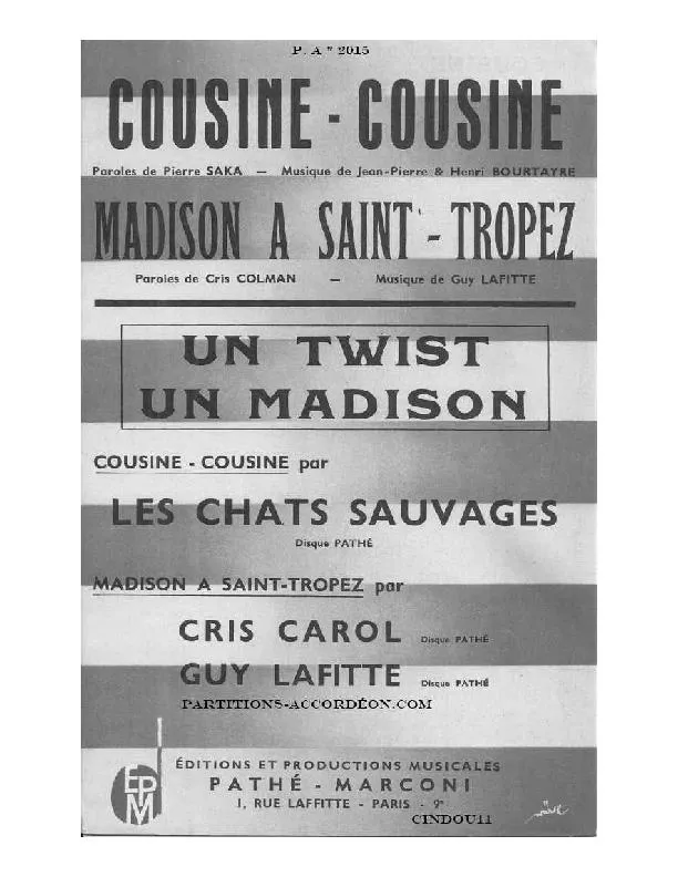 télécharger la partition d'accordéon Cousine Cousine (Chant : Les Chats Sauvages) (Orchestration Complète) (Twist) au format PDF
