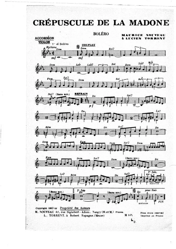 télécharger la partition d'accordéon Crépuscule de la Madone (Boléro) au format PDF