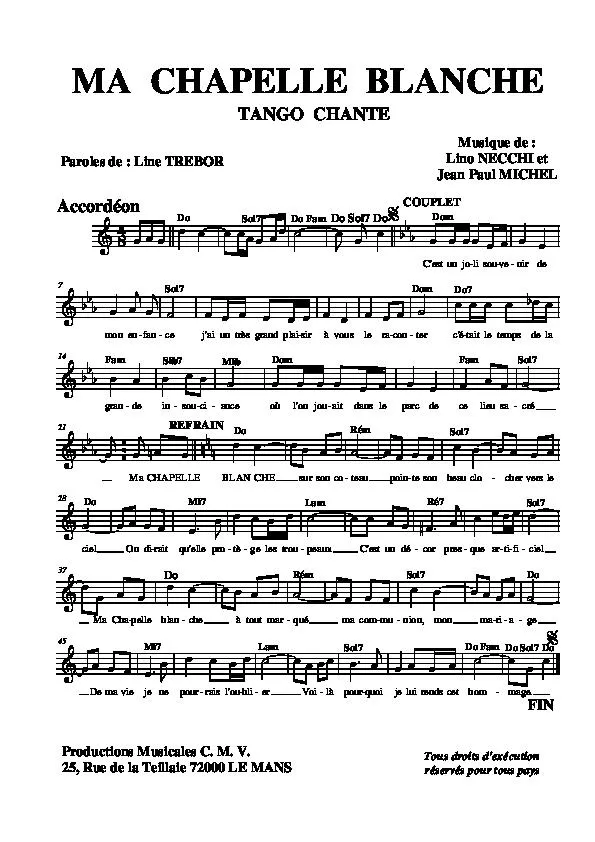 télécharger la partition d'accordéon Ma chapelle blanche (Tango chanté) au format PDF