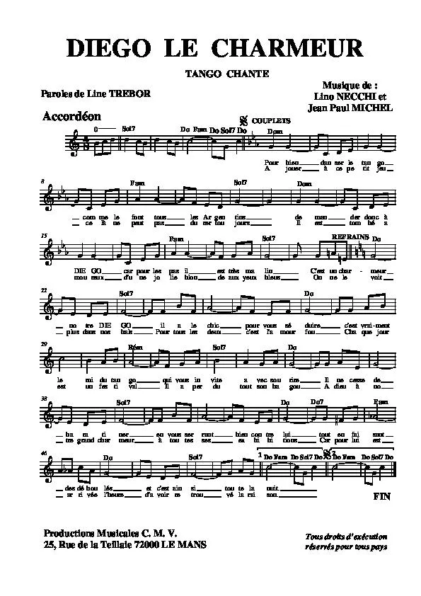 télécharger la partition d'accordéon Diego le charmeur (Tango Chanté) au format PDF