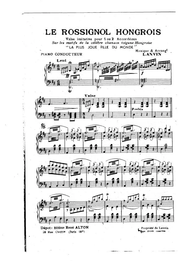 télécharger la partition d'accordéon Le rossignol Hongrois (Sur les motifs de la célèbre chanson Tzigane Hongroise : La plus jolie fille du monde) (Valse imitative pour 1 ou 2 pour Accordéons) au format PDF
