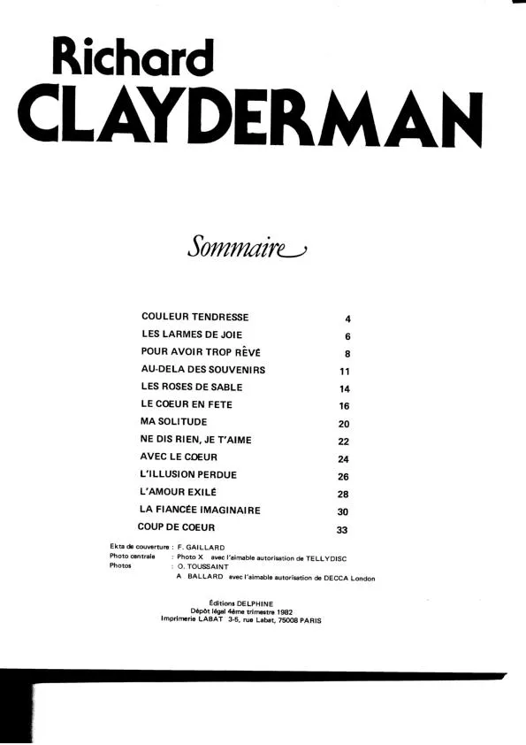 télécharger la partition d'accordéon Richard Clayderman : Couleur Tendresse (13 Titres) au format PDF