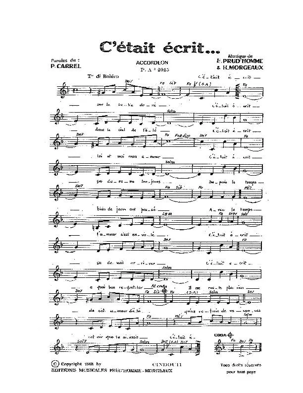 télécharger la partition d'accordéon C'était écrit (Boléro) au format PDF