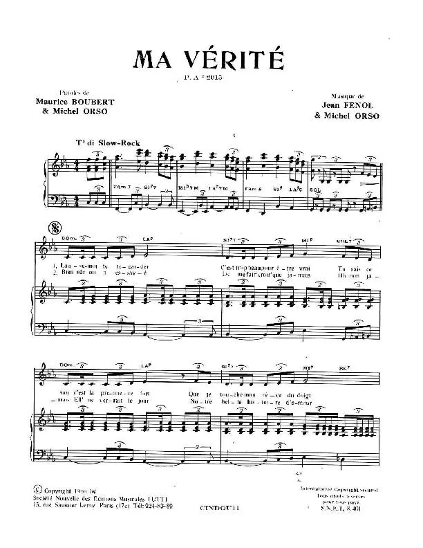 télécharger la partition d'accordéon Ma Vérité (Slow Rock) au format PDF