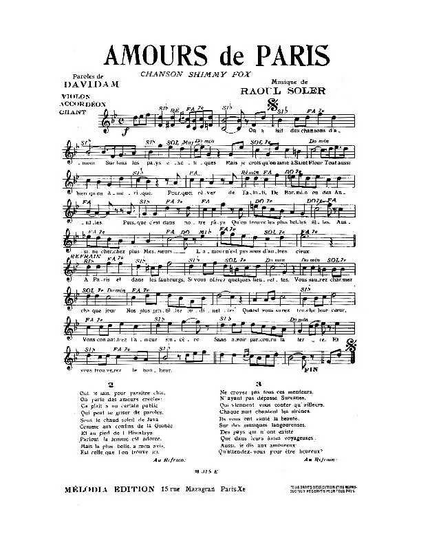 télécharger la partition d'accordéon Amours de Paris (Chanson Shimmy Fox) au format PDF