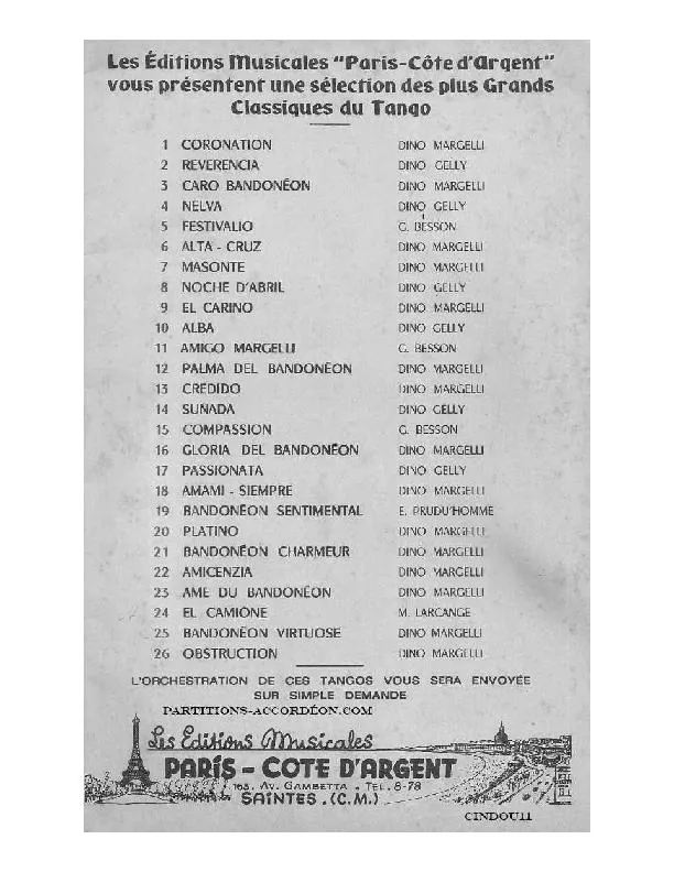 télécharger la partition d'accordéon Recueil : Les Editions Musicales Paris-Côte d'Argent vous présentent une sélection des plus Grands Classiques du Tango (26 Titres) au format PDF