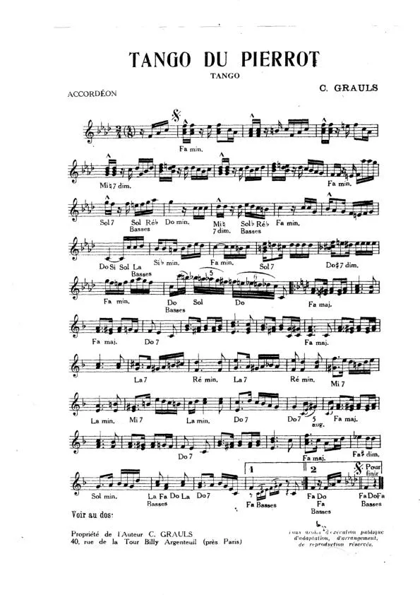 télécharger la partition d'accordéon Tango du Pierrot au format PDF