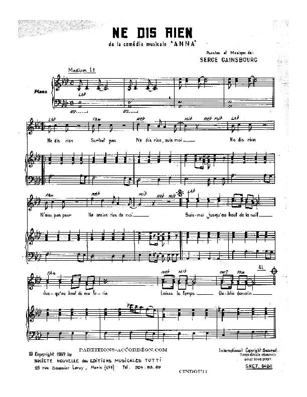 télécharger la partition d'accordéon Ne dis rien (De la comédie musicale : Anna) au format PDF