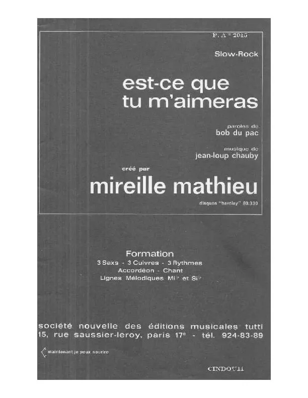 télécharger la partition d'accordéon Est-ce que tu m'aimeras (Chant : Mireille Mathieu) (Orchestration Complète) (Slow Rock) au format PDF