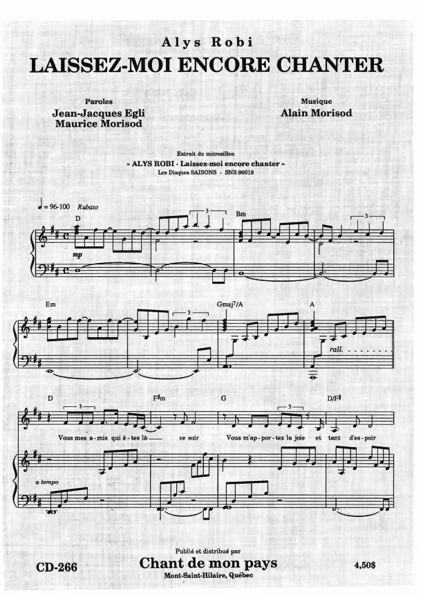 télécharger la partition d'accordéon Laissez moi encore chanter (Chant : Alys Robi) au format PDF