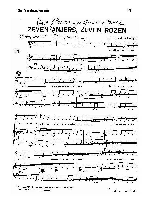 télécharger la partition d'accordéon Une fleur Rien qu'une rose (Zeven anjers Zeven rozen) (Chant : Willy Sommers) (Slow) au format PDF