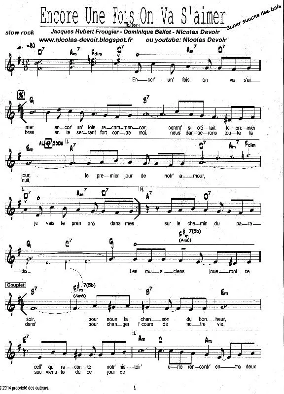 télécharger la partition d'accordéon Encore une fois on va s'aimer (Slow Rock) au format PDF