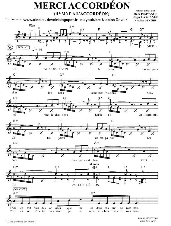 télécharger la partition d'accordéon Merci Accordéon (Hymne à l'Accordéon) (Slow Rock) au format PDF