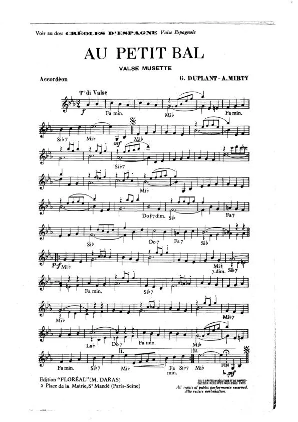 télécharger la partition d'accordéon Au petit bal (Valse Musette) au format PDF