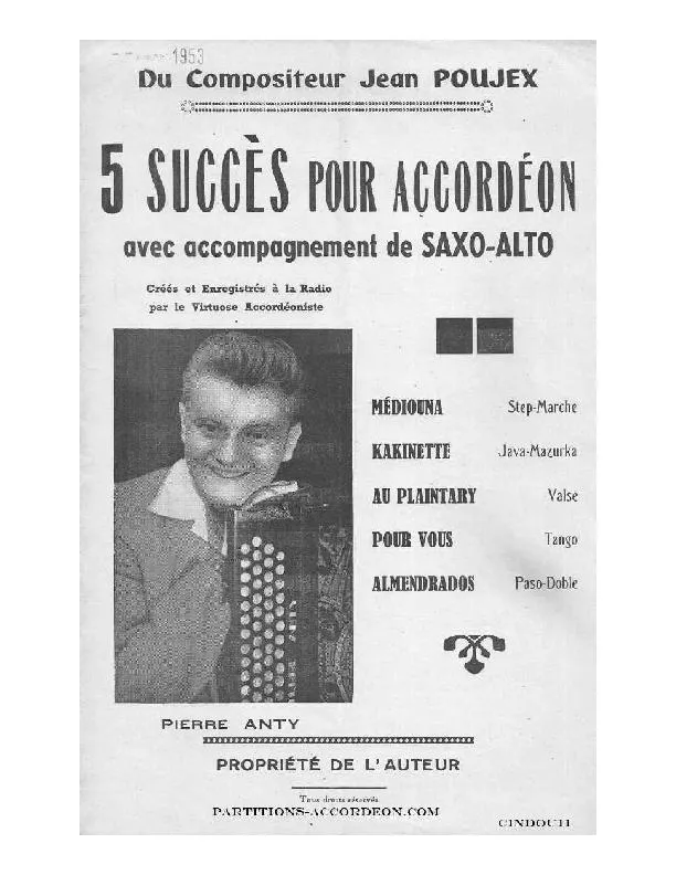 télécharger la partition d'accordéon Recueil : 5 Succès pour Accordéon (Médiouna + Kakinette + Au plaintary + Pour vous + Almendrados) au format PDF