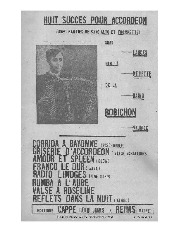 télécharger la partition d'accordéon Recueil : Huit Succès pour Accordéon (Corrida à Bayonne + Griserie d'Accordéon + Amour et Spleen + Franco le dur + Radio Limoges + Rumba à l'aube + Valse à Roseline + Reflets dans la nuit) au format PDF
