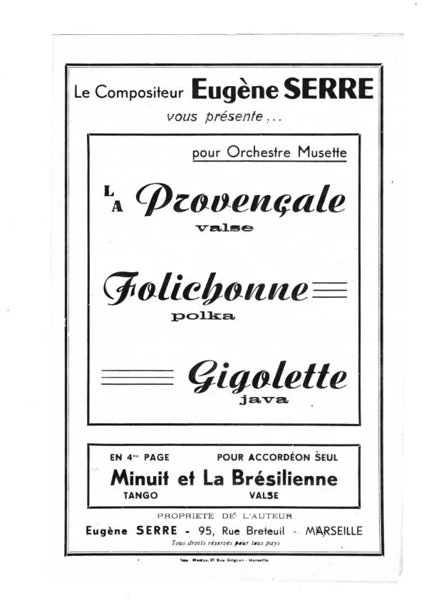 télécharger la partition d'accordéon Recueil : Le compositeur Eugène Serre vous présente pour orchestre musette : (La Provençale + Folichonne + Gigolette + Minuit + La Brésilienne) au format PDF