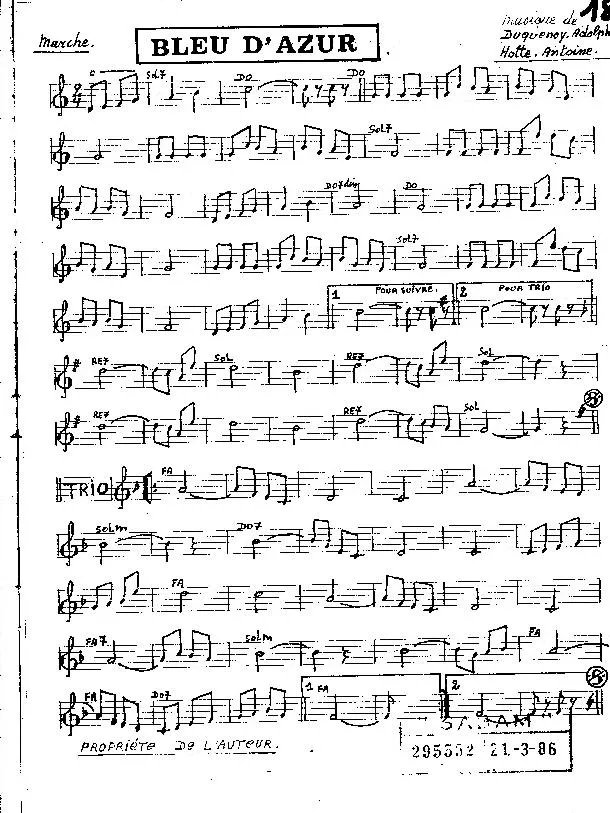 télécharger la partition d'accordéon Bleu d'Azur (Marche) (Partition manuscrite de 1986) au format PDF