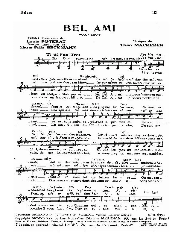 télécharger la partition d'accordéon Bel Ami (Chant : Eva Busch / Tino Rossi) (Fox Trot)  au format PDF