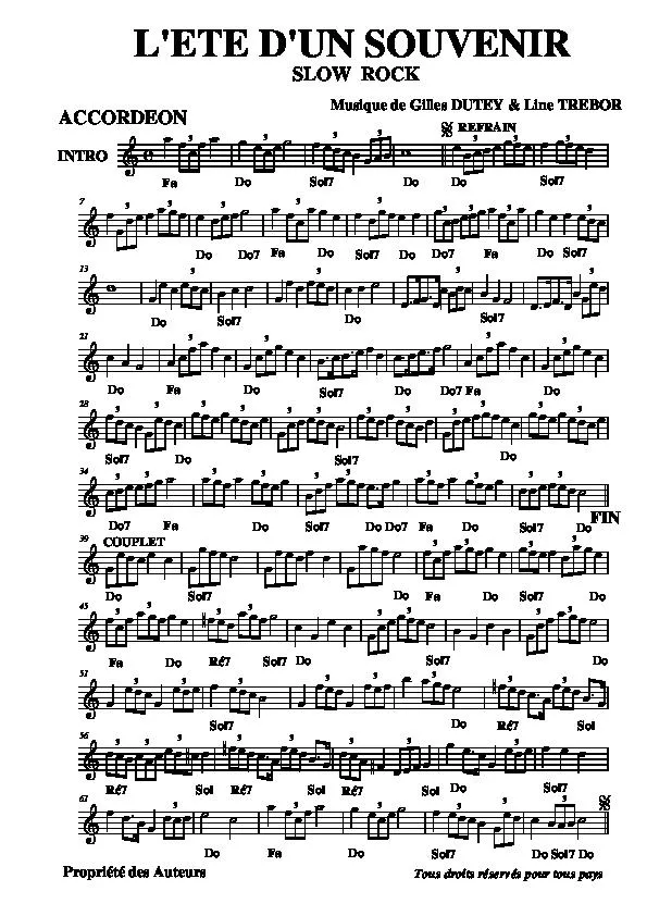télécharger la partition d'accordéon L'été d'un souvenir (Slow Rock) au format PDF